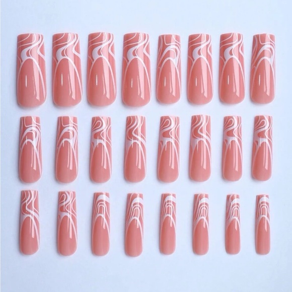 Press-Ons Nails- Long Pink and White with Design, all you need to look great! - Picture 4 of 4